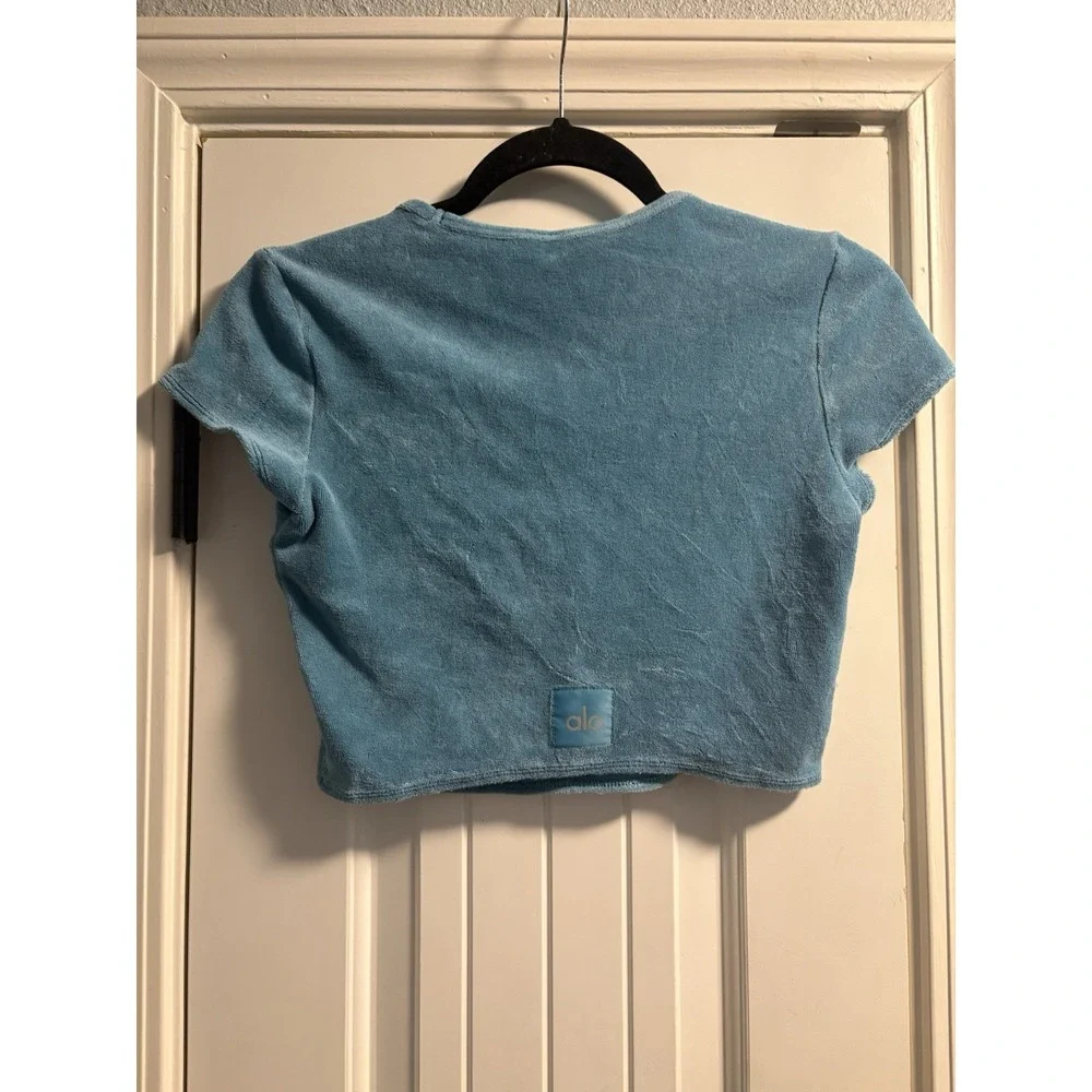 Alo Yoga Crop Top Womens Small Blue Terry Cloth Square Neck Short Sleeve Yoga